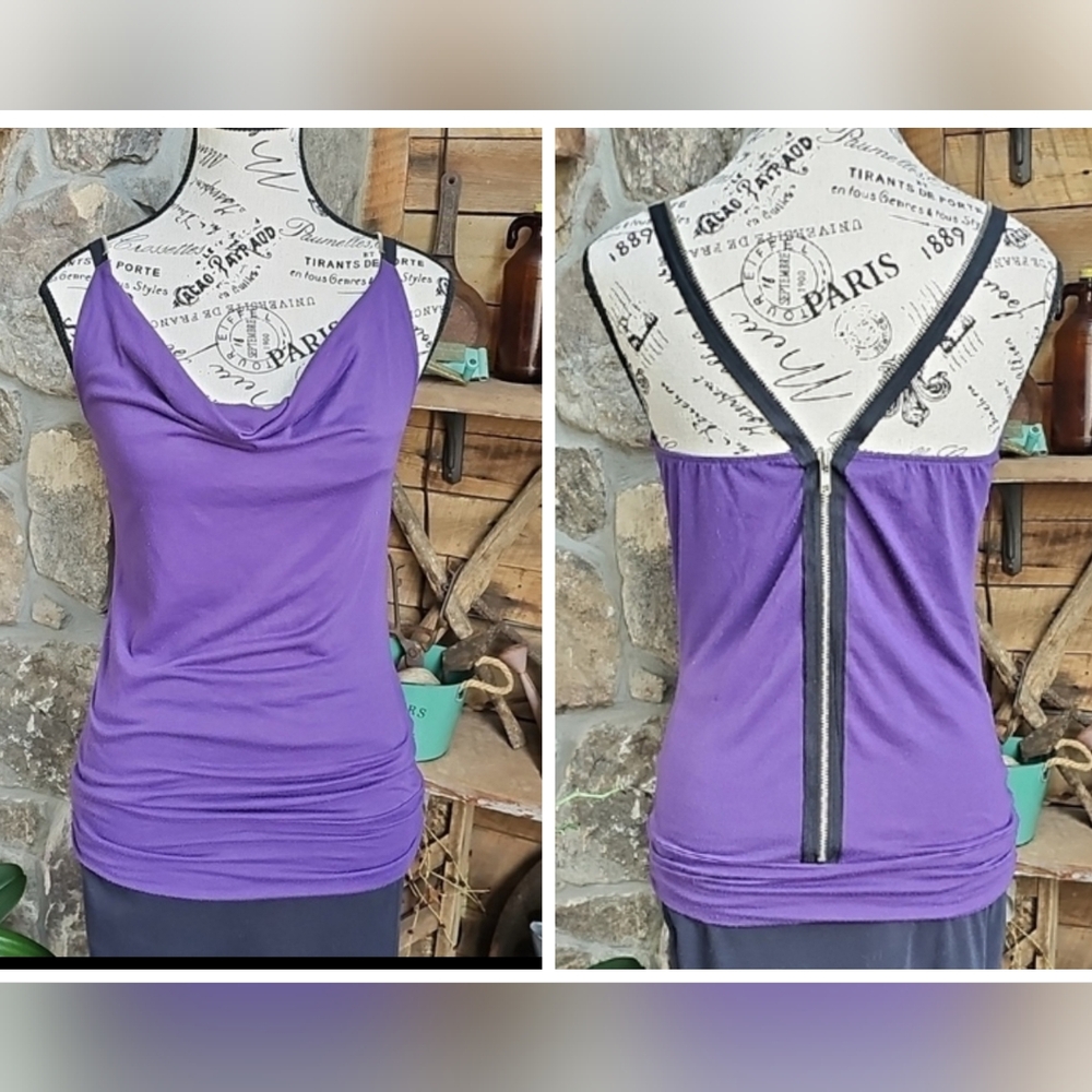 RARE Miley Cyrus & Max Azria Y2K Purple Bodycon Cowl Neck Tank Zip Back XS